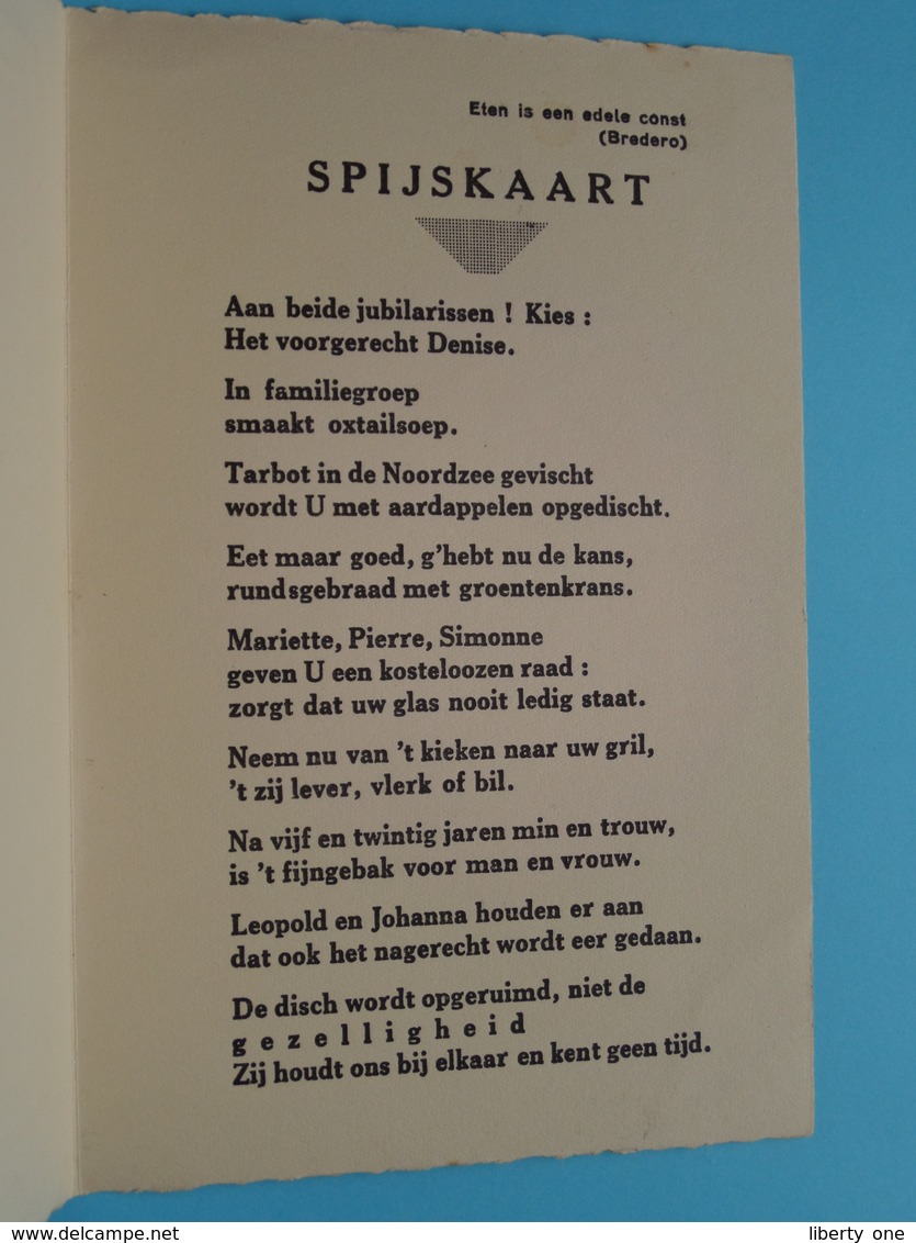 ZILVEREN Bruiloft Van Leopold WAUMANS - Van OVERSTRAETEN > BAASRODE 30 Jan 1938 ( Zie Foto's Voor Detail ) Van GAEVER ! - Menus