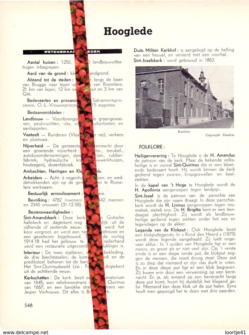 Gemeente Hooglede - Org. Knipsel Uit Magazine 1958 - Geschiedenis - Folklore - Nijverheid - Handel + Landkaart - Non Classés