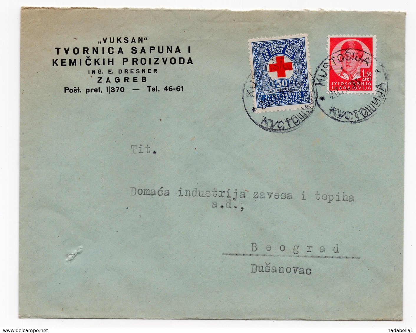 1938 YUGOSLAVIA, CROATIA, KUSTOSIJA, ZAGREB TO BELGRADE, VUKSAN, COMPANY LETTERHEAD COVER, RED CROSS STAMP - Covers & Documents