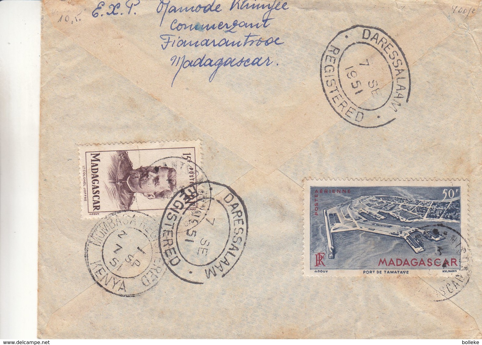 France - Madagascar - Lettre Recom De 1951 - Oblit Fianarantsoa - Exp Vers Dar Es Salam - Cachet De Mombasa - Storia Postale