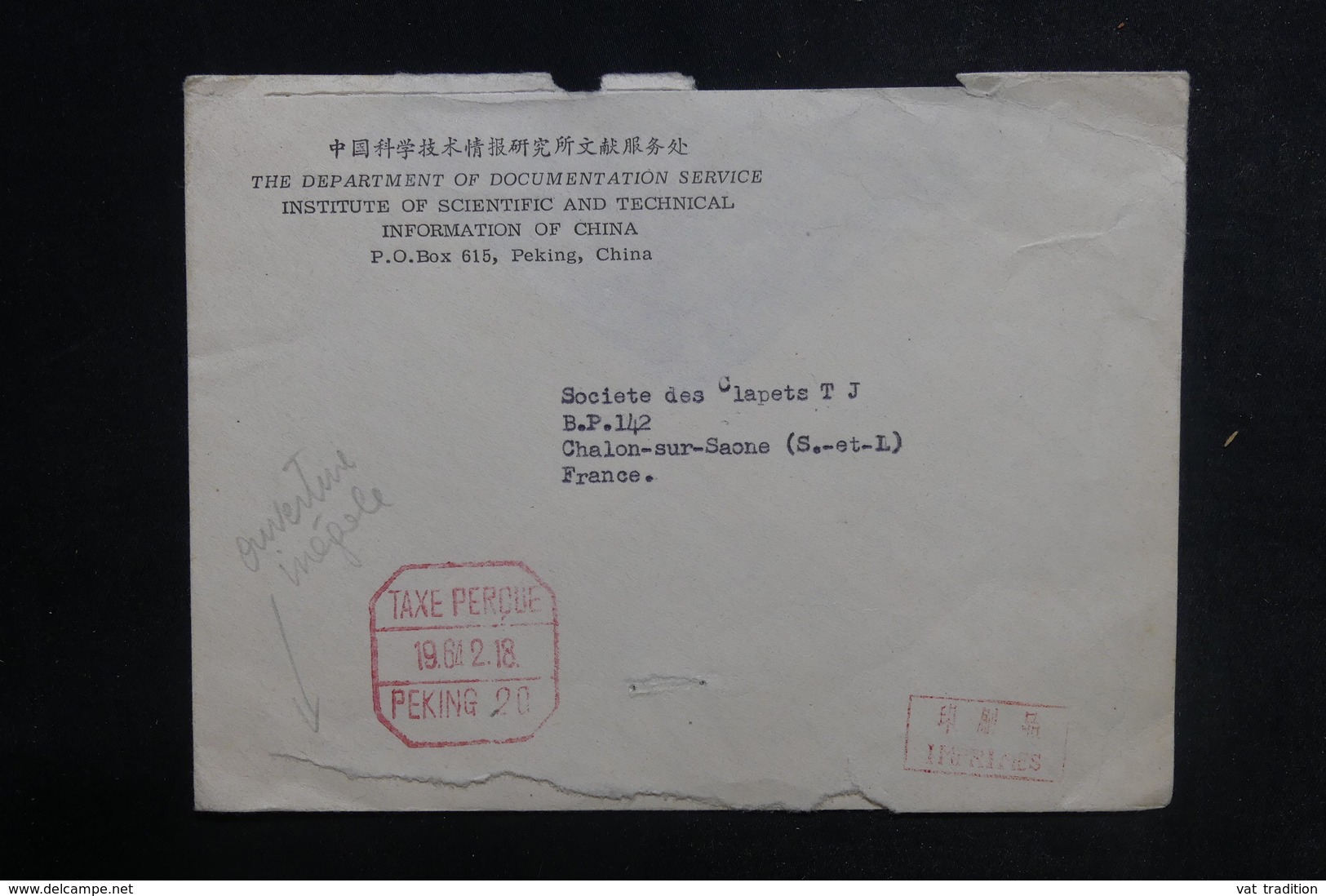 CHINE - Cachet De Taxe Perçue De Péking Sur Enveloppe Commerciale Pour La France En 1964 - L 38816 - Briefe U. Dokumente