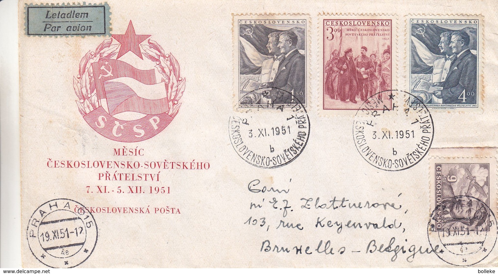 Tchècoslovaquie - Lettre De 1951 - Oblit Praha - Exp Vers Bruxelles - Stalin - Lénin - Avions - Covers & Documents
