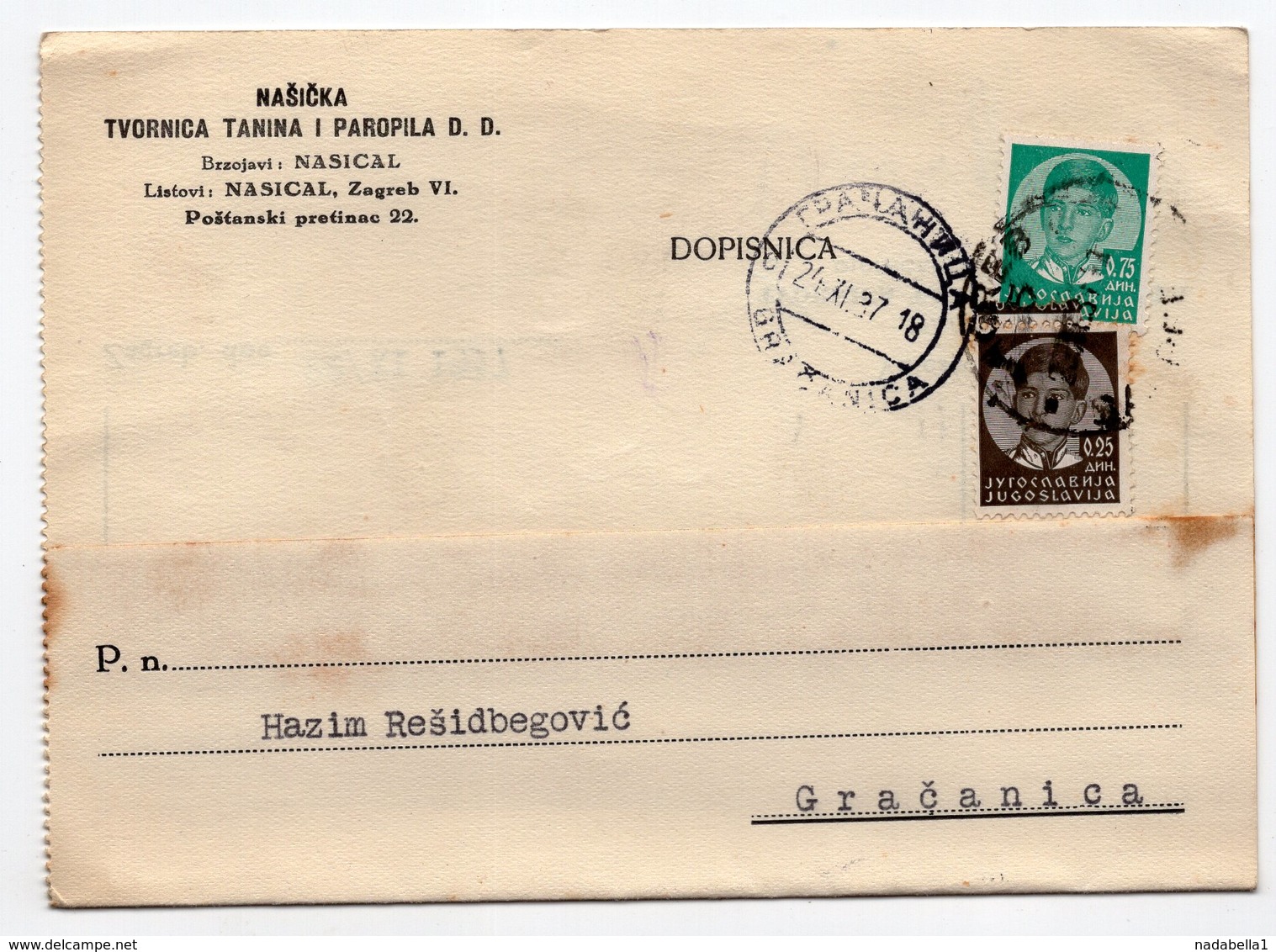 1937 YUGOSLAVIA, CROATIA, ZAGREB, GRACANICA, BOSNIA, CORRESPONDENCE CARD, NASICKA, TANNERY - Covers & Documents