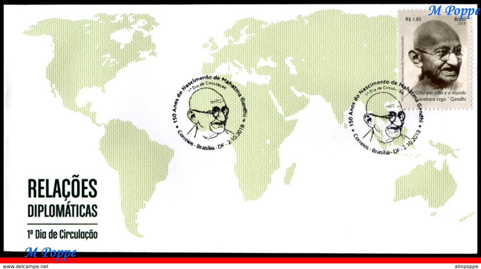 Ref. BR-V2018-072D BRAZIL 2018 FAMOUS PEOPLE, 150 YEARS OF MAHATMA, GANDHI BIRTH, FDC MNH 1V - Mahatma Gandhi