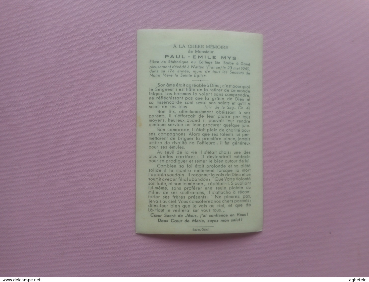 D.P.-PAUL-E.MYS ELEVE COLLEGE ST.BARBE GAND +WATTEM (FR.)23-5-1940 - Religion & Esotericism