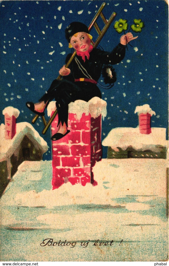 Chimney Sweeper With A Ladder And Clovers On The Roof, New Year, Old Postcard - New Year