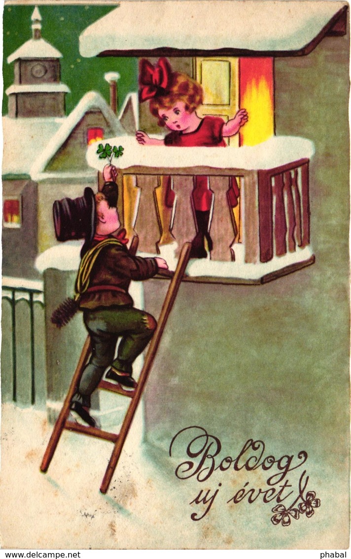 Chimney Sweeper Climbing On A Ladder To His Girlfriend, New Year, Old Postcard - New Year