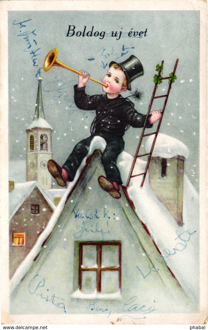 Chimney Sweeper With A Ladder And A Trumpet On The Roof, New Year, Old Postcard - New Year