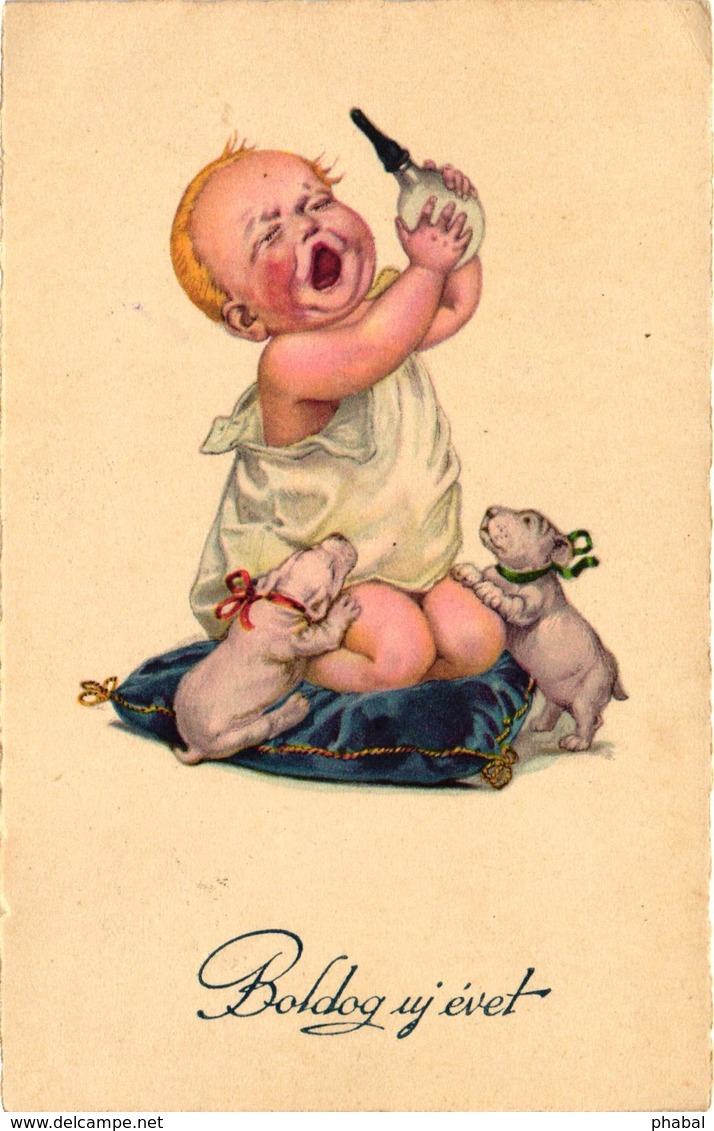 Dogs, Puppies Drinking With A Crying Baby, Funny Old Postcard - Dogs
