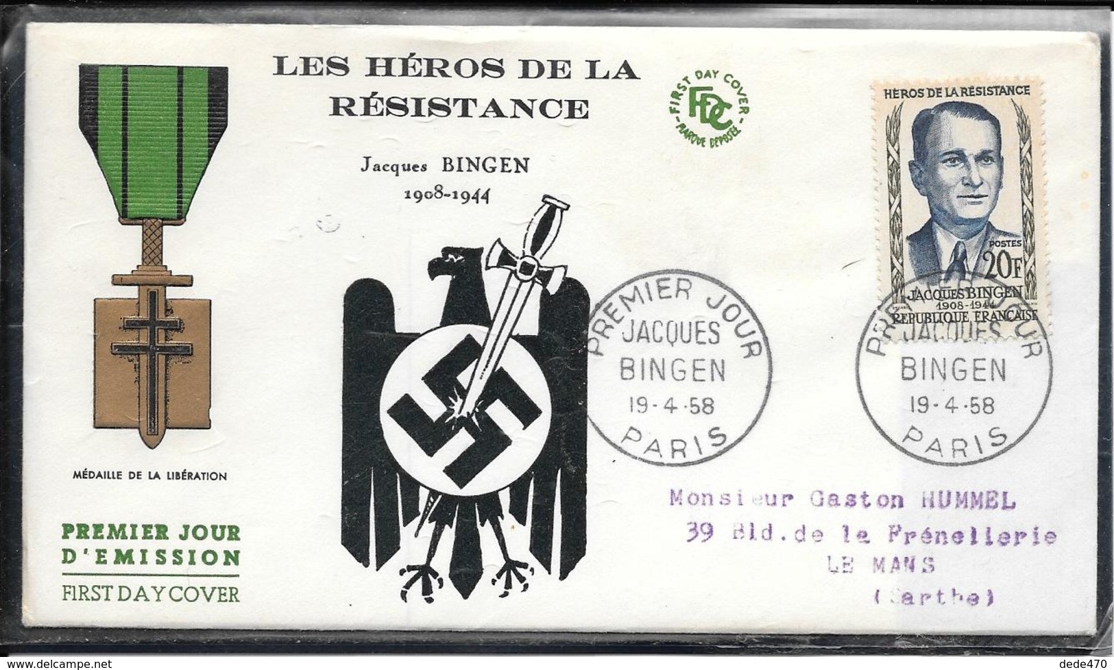 FDC 1958 - 1160  Héros De La Résistance: Jacques BINGEN - 1950-1959