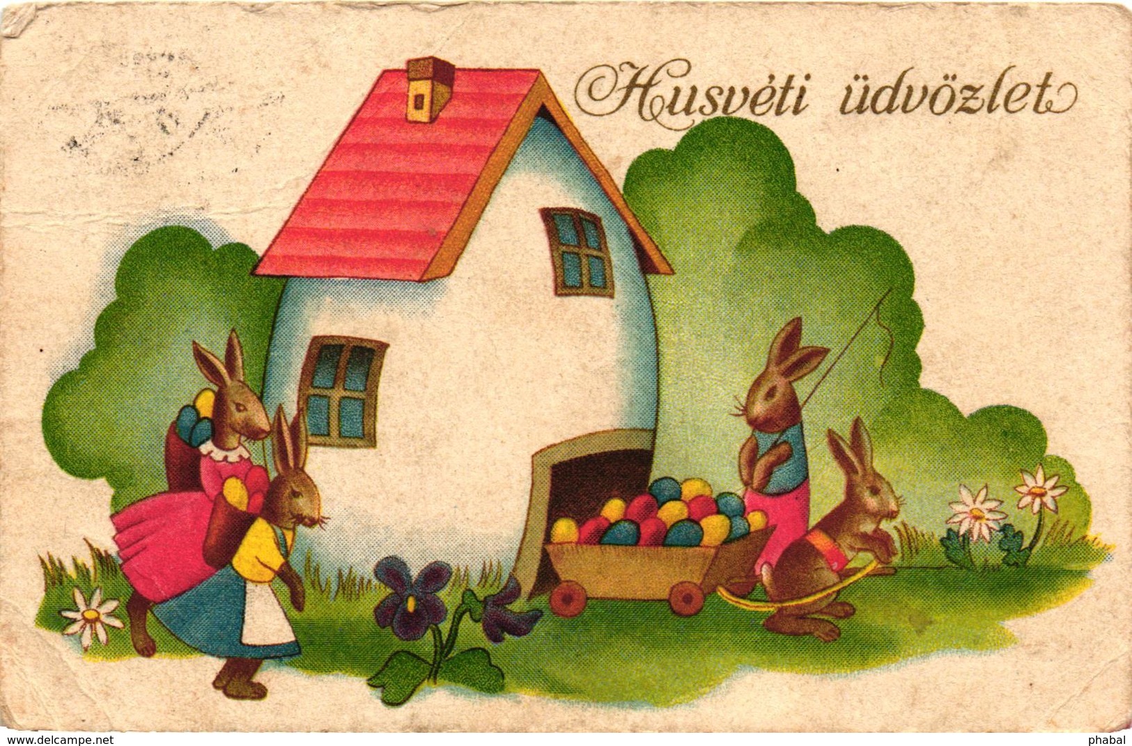 Easter, Bunnies With An Egg House, Old Postcard - Easter