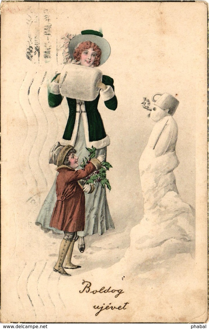 Snowman, Elegant Girl And Lady With A Snowman, New Year, Old Postcard - New Year