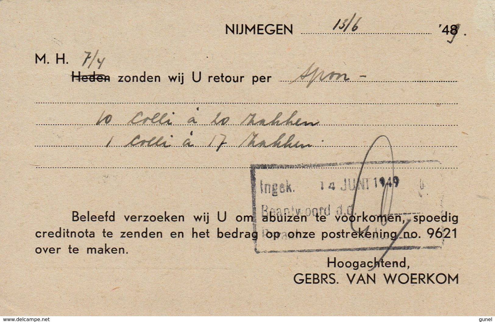 15 VI 1949 Bk Met Firmalogo Van Nijmegen Naar Boekelo - Poststempels/ Marcofilie