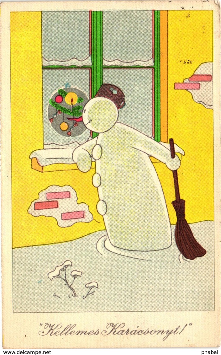 Snowman In The Window At Christmas, Old Postcard - New Year