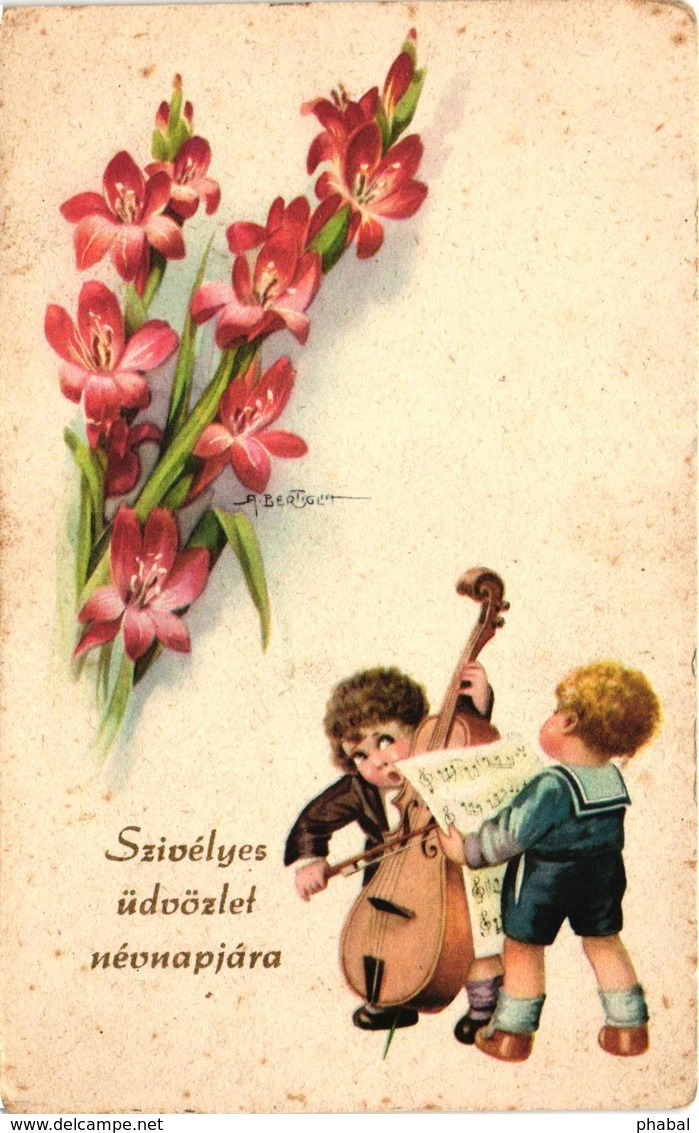 Children Playing Music On A Double Bass And Singing, Signo: Bertiglia, Old Postcard - Bertiglia, A.