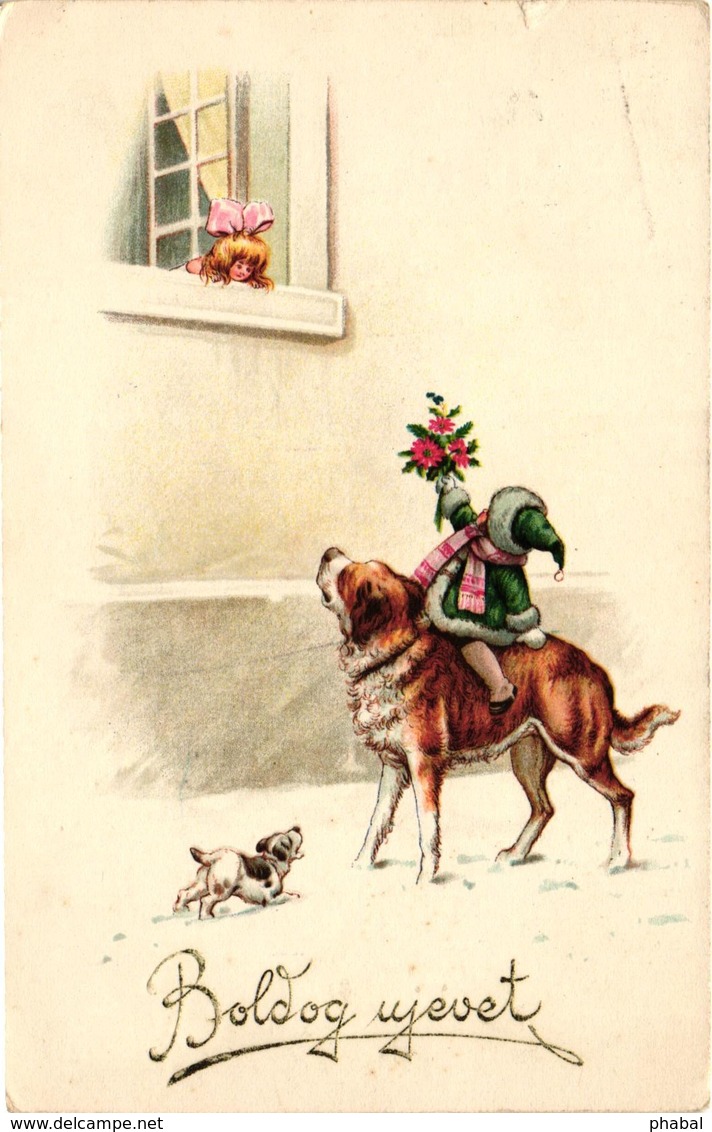 Children, Dogs, Child Riding On A Big Dog, Funny Old Postcard - Dogs