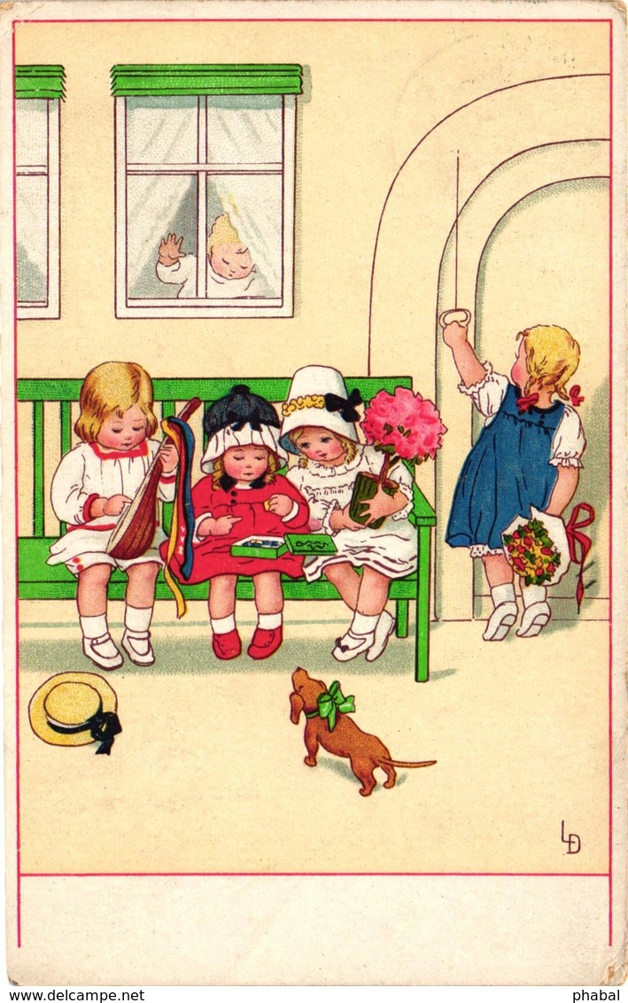 Dogs, Little Brown Dachshund With Children, Signo: LD, Old Postcard - Cani