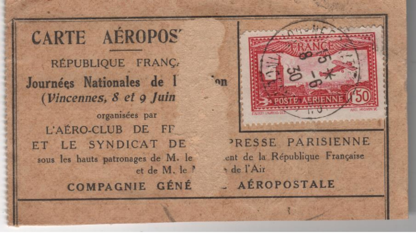 France - Carte Aéropostale - Journées Nationales De L'Aviation - Vincennes 8 Et 9 Juin 1930 - 1927-1959 Usati