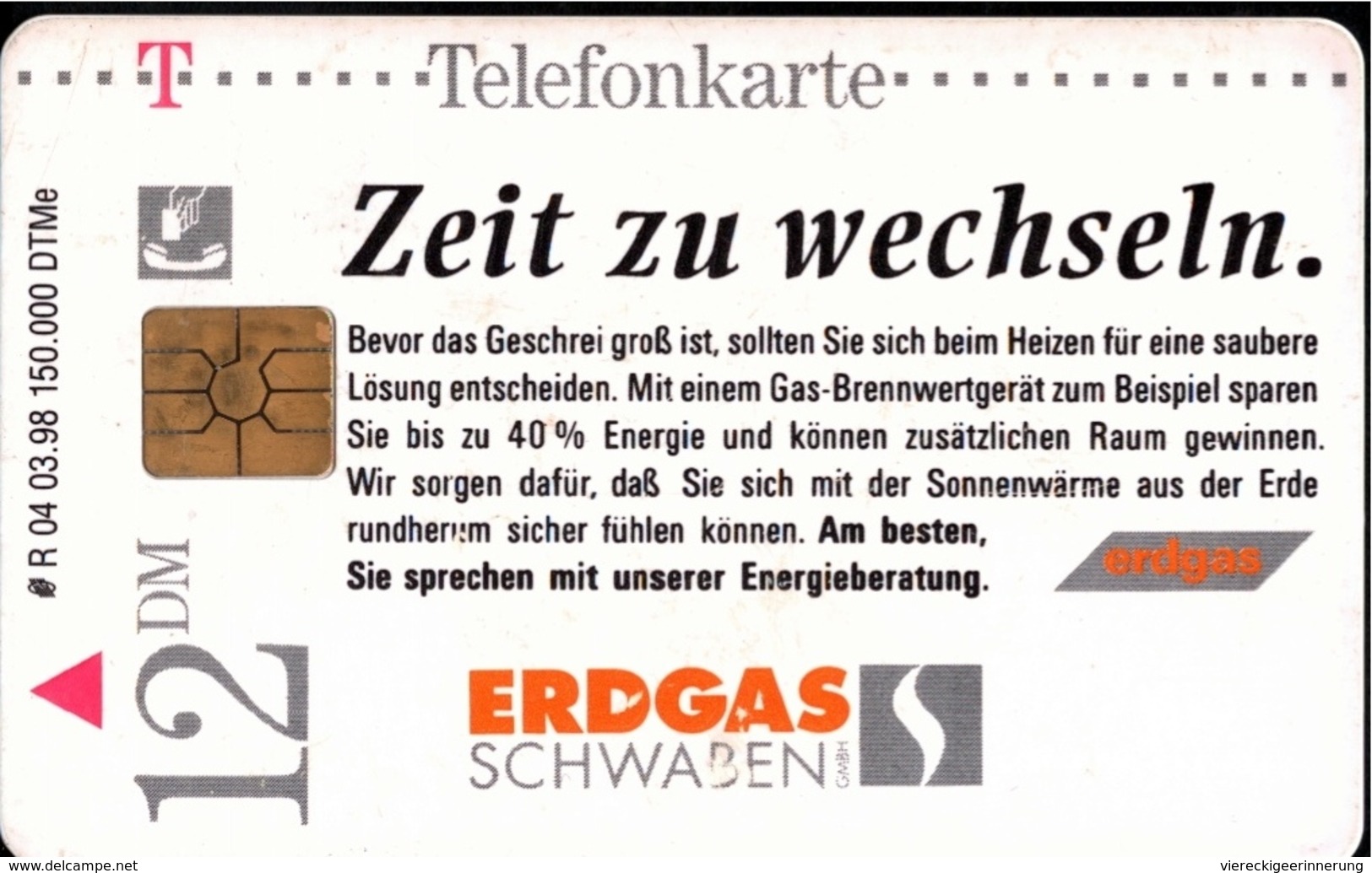 ! Telefonkarte, Telecarte, Phonecard, 1998, R04, Auflage 150000, Erdgas Schwaben, Germany - R-Series: Regionale Schalterserie