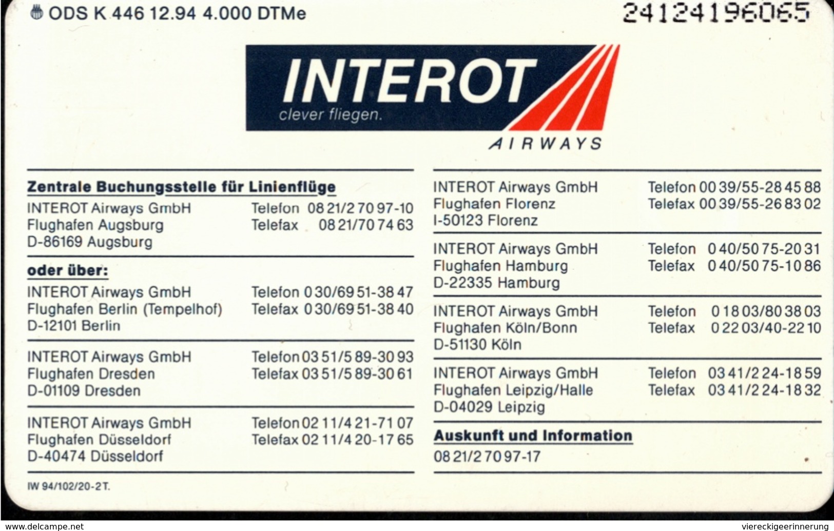 ! Telefonkarte, Telecarte, Phonecard, 1994, K446, Auflage 4000, Interot Airways, Airline, Propliner, Augsburg, Germany - K-Series : Customers Sets