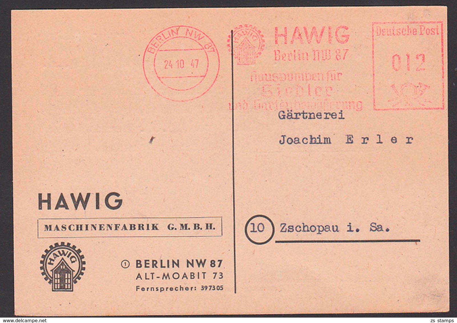 Berlin NW 87 AFS 24.10.47 HAWIG Hauspumpen Für Siedler Und Gartenbewässerung, Alt-Moabit - Máquinas Franqueo (EMA)