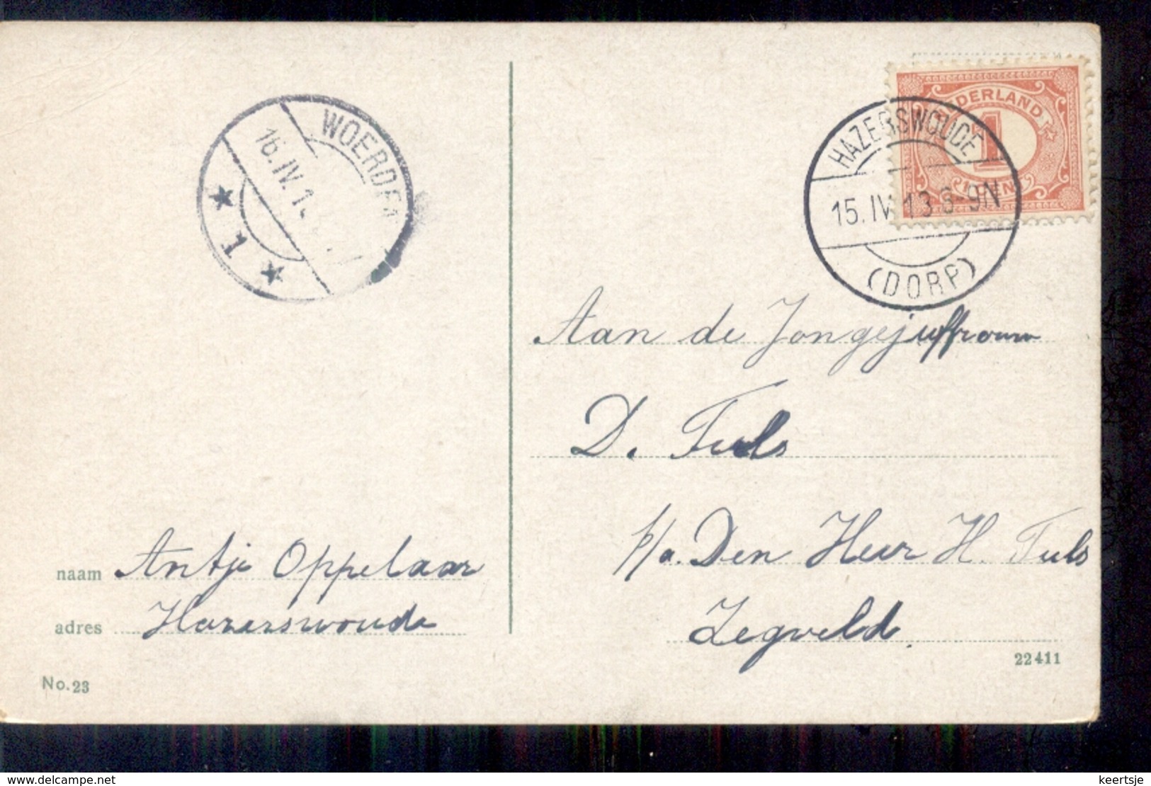 Hazerswoude Dorp - Woerden - Langebalk Stempel - 1913 - Autres & Non Classés