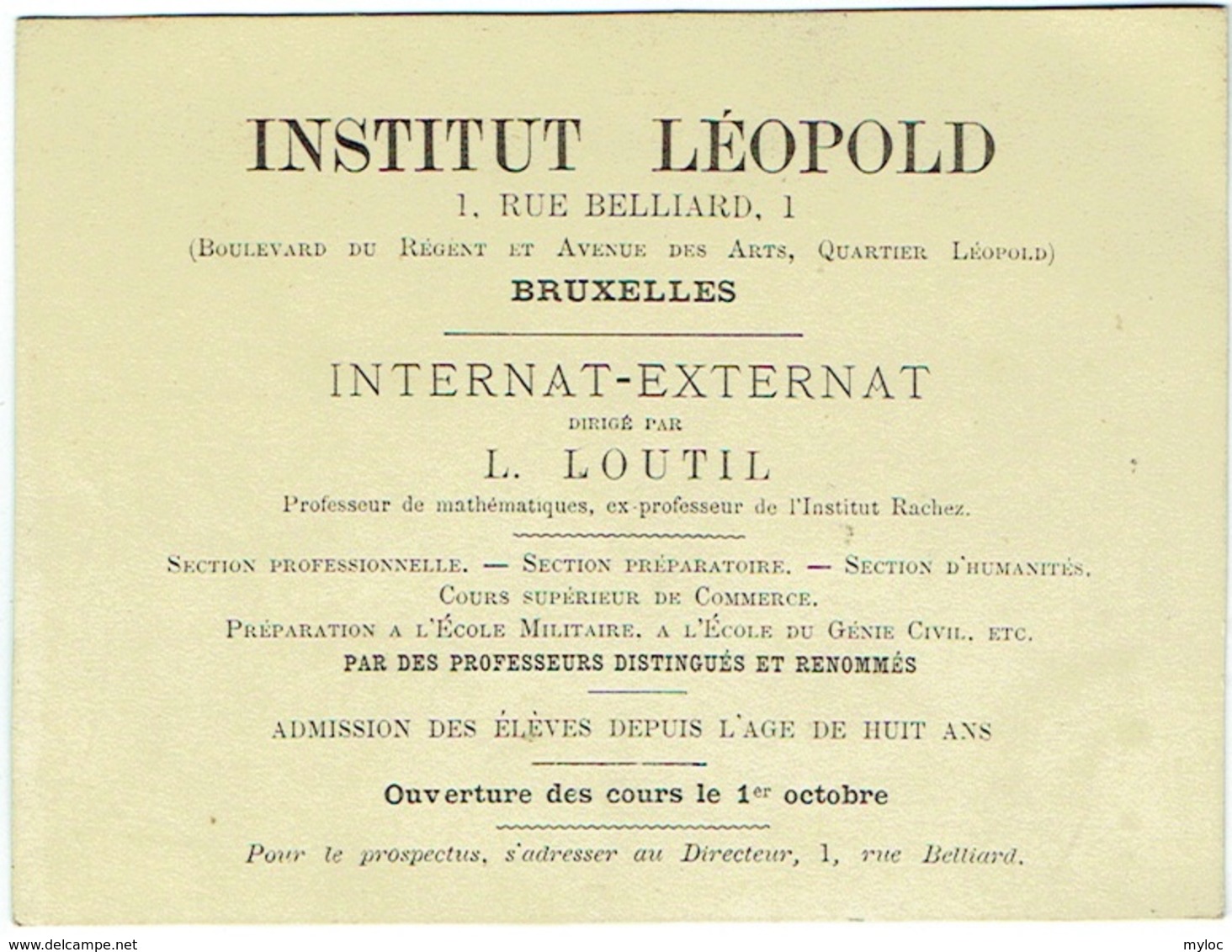 Carte Visite. Institut Léopold, Rue Belliard. Bruxelles. Internat-Externat. - Cartes De Visite