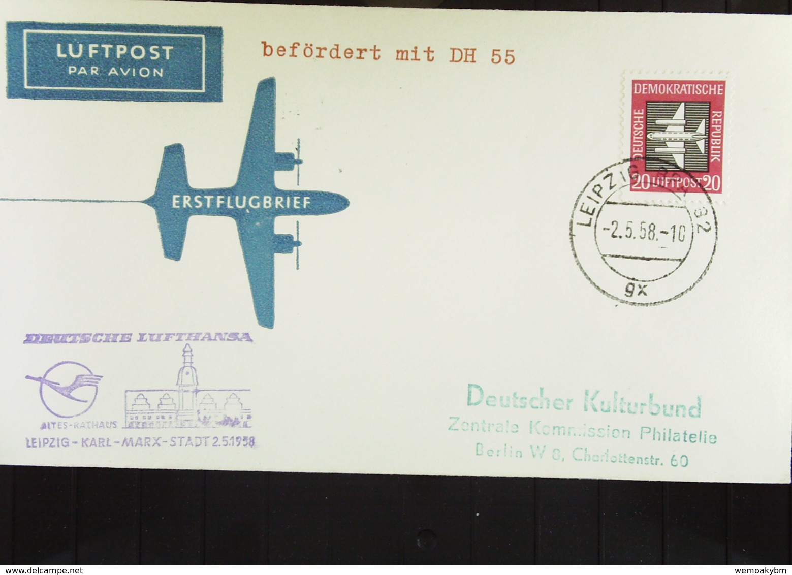 DDR: Sonderluftpostbeförderung Mit DH 55 Vom 2.5.58 Leipzig - Karl-Marx-Stadt Mit Bestät.Stpl. 20 Pf Luftpost Als EF - Posta Aerea