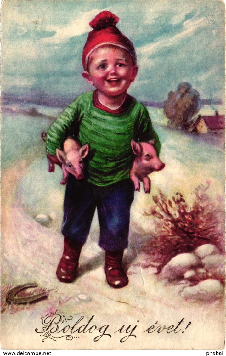 Pigs, Boy Holding Two Little Pigs In His Arms, New Year, Funny Old Postcard - Pigs