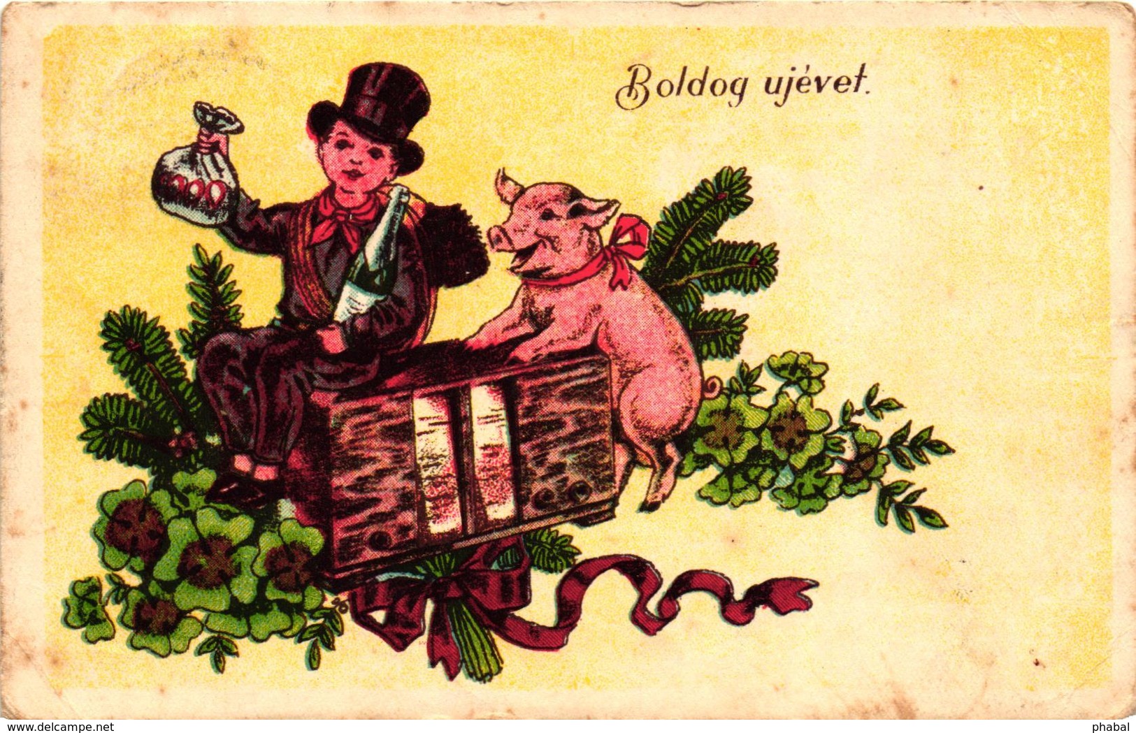 Pigs, Chimney Sweeper With A Pig And An Old Type Radio, New Year, Old Postcard - Pigs