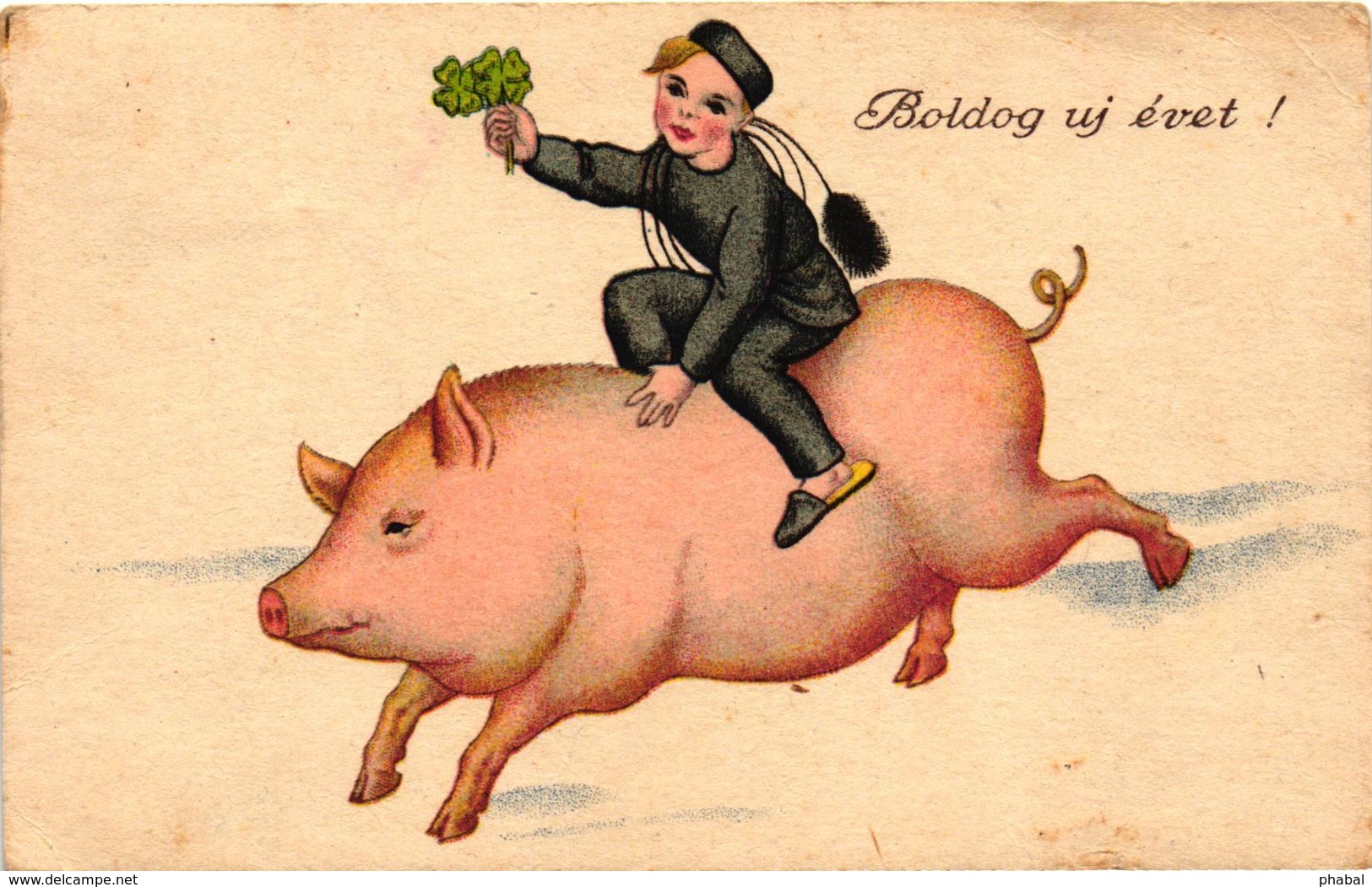 Pigs, Chimney Sweeper Riding On A Big Pig, New Year, Old Postcard - Pigs
