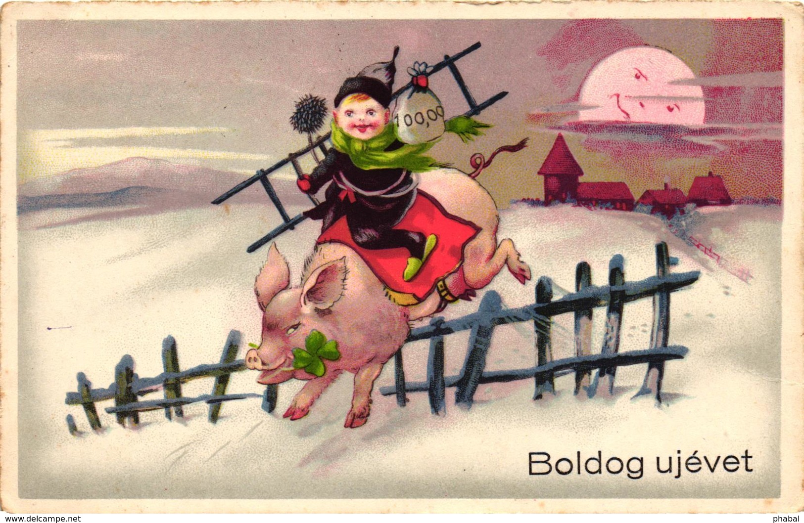 Pigs, Chimney Sweeper Jumping Over The Fence On A Pig, New Year, Old Postcard - Pigs