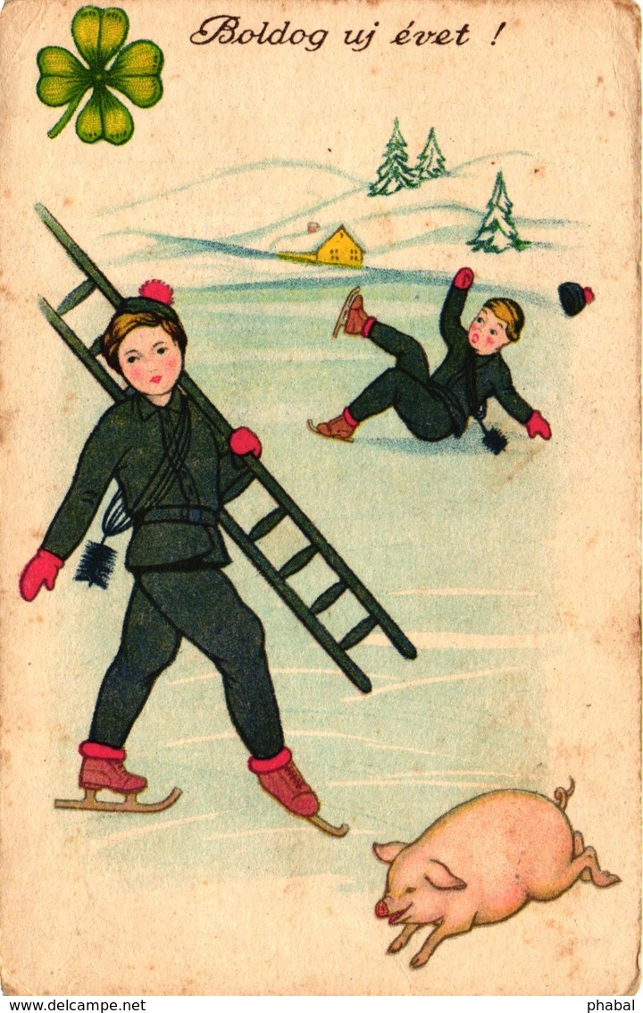 Pigs, Little Pig With Skating Chimney Sweepers, New Year, Old Postcard - Pigs