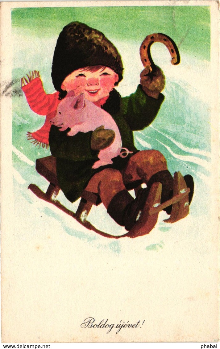 Pigs, Boy With A Little Pig On A Sled, New Year, Old Postcard - Cerdos