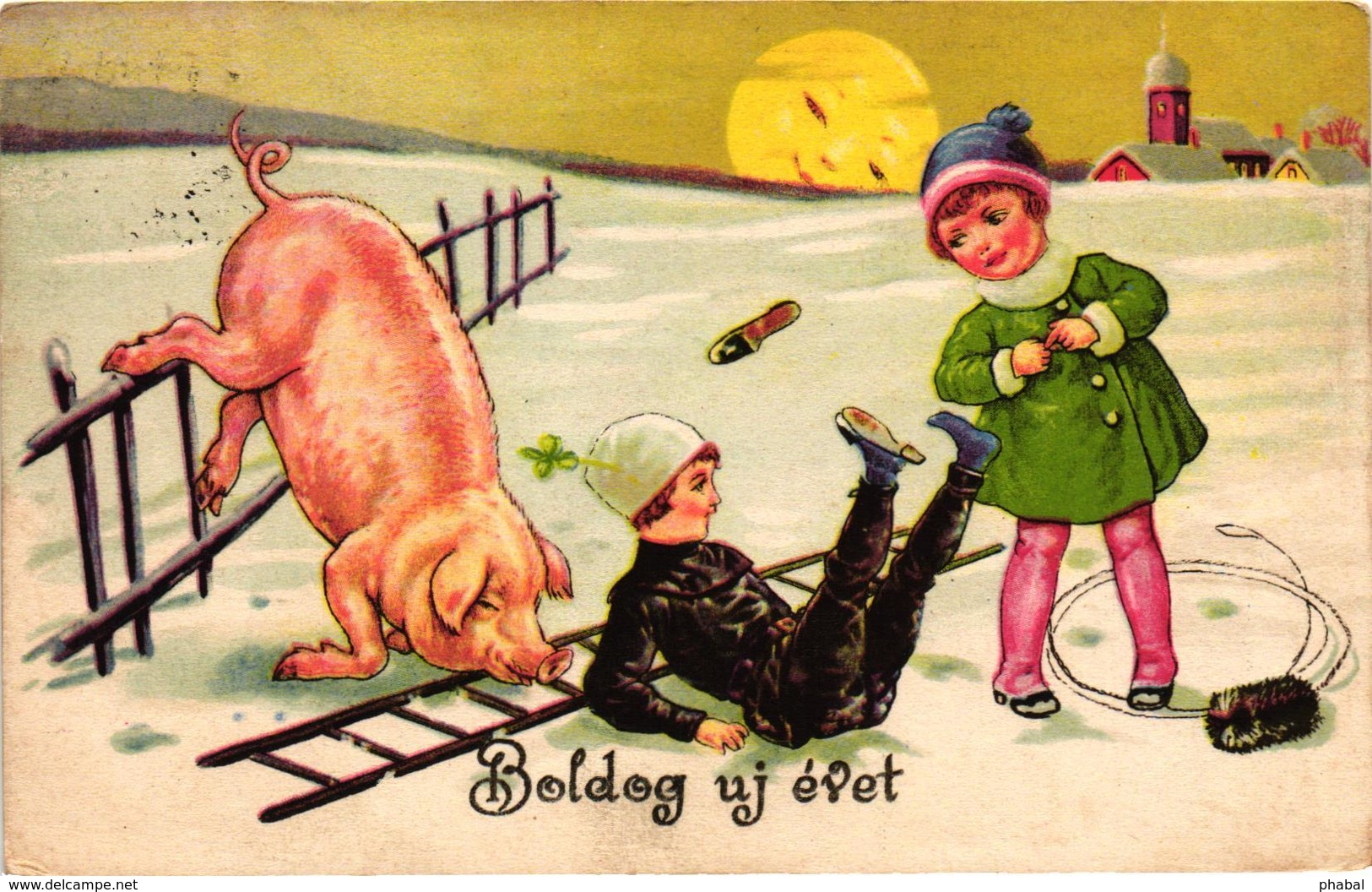 Pigs, Pig And Chimney Sweeper Having An Accident On The Fence, New Year, Old Postcard - Pigs