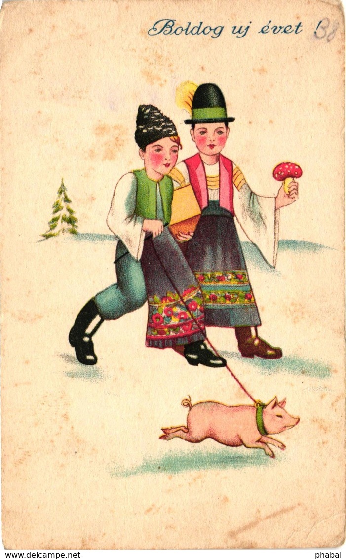 Pigs, Mushroom, Boys Walking With A Little Pig On A Leash, New Year, Old Postcard - Pigs