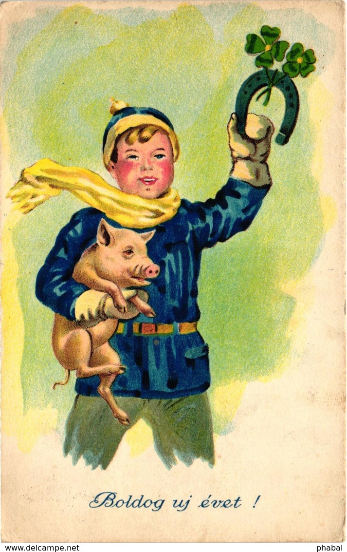 Pigs, Boy Holding A Pig In His Arms, New Year, Old Postcard - Pigs