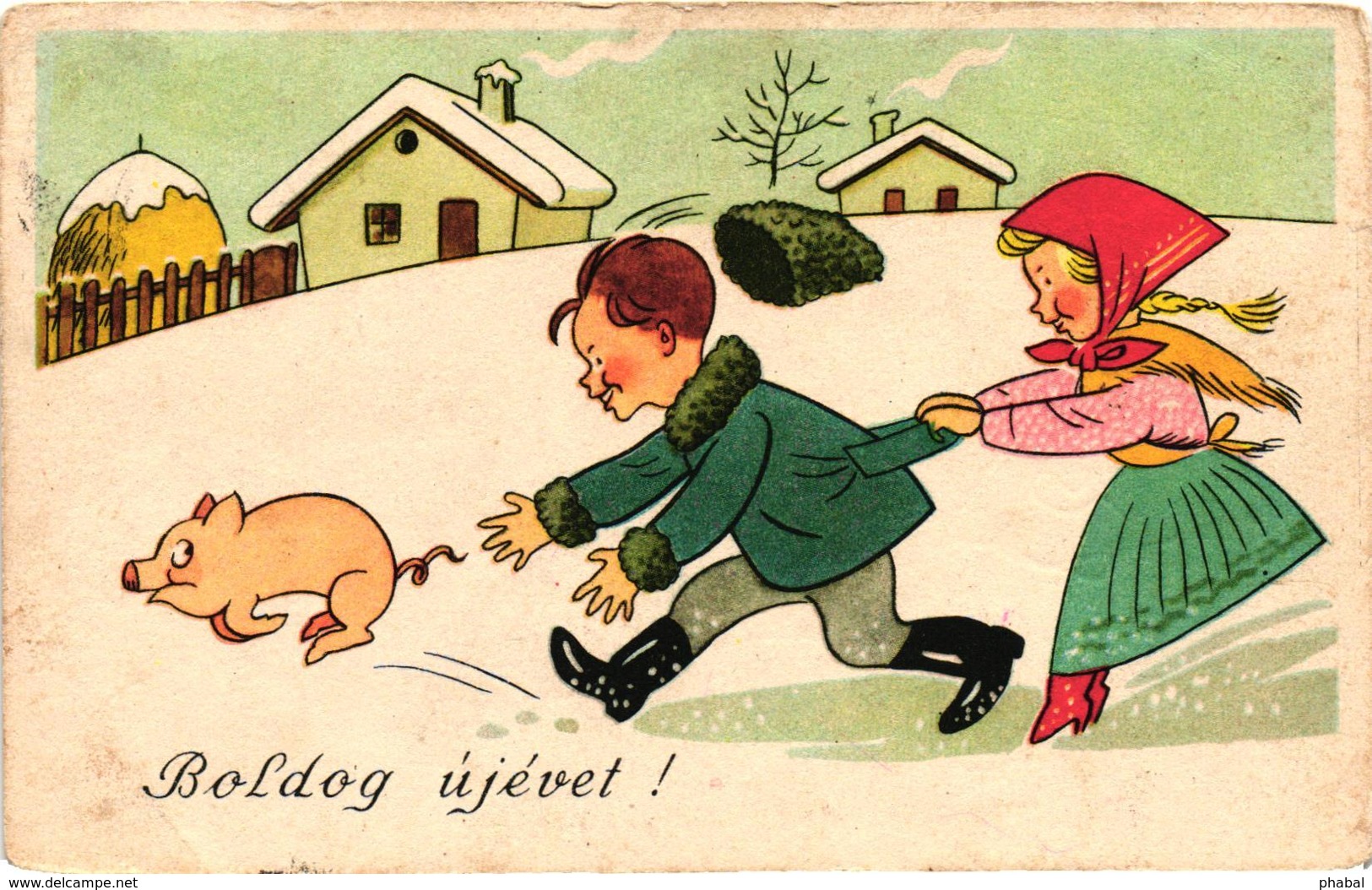 Pigs, Boy And Girl Chasing A Little Pig, New Year, Old Postcard - Pigs