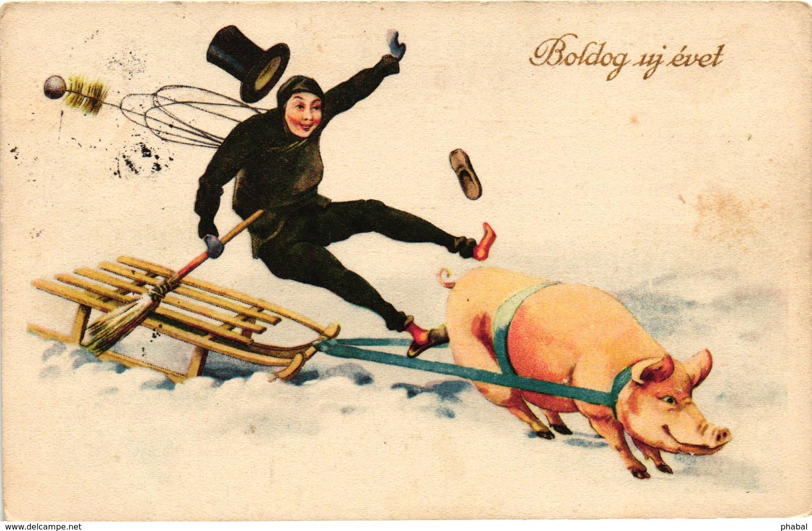 Pigs, Pig Pulling A Chimney Sweeper On A Sled, New Year, Old Postcard - Pigs