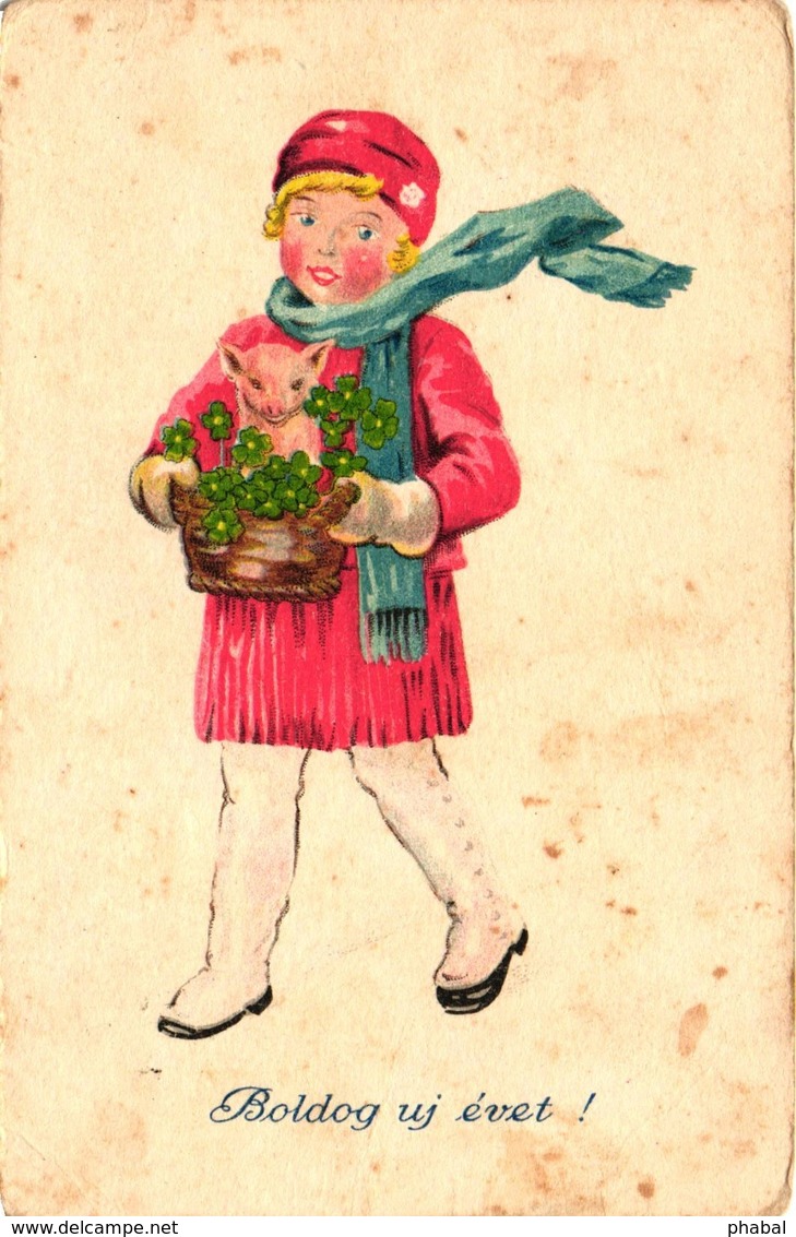 Pigs, Girl Carrying A Little Pig In A Basket, New Year, Old Postcard - Pigs