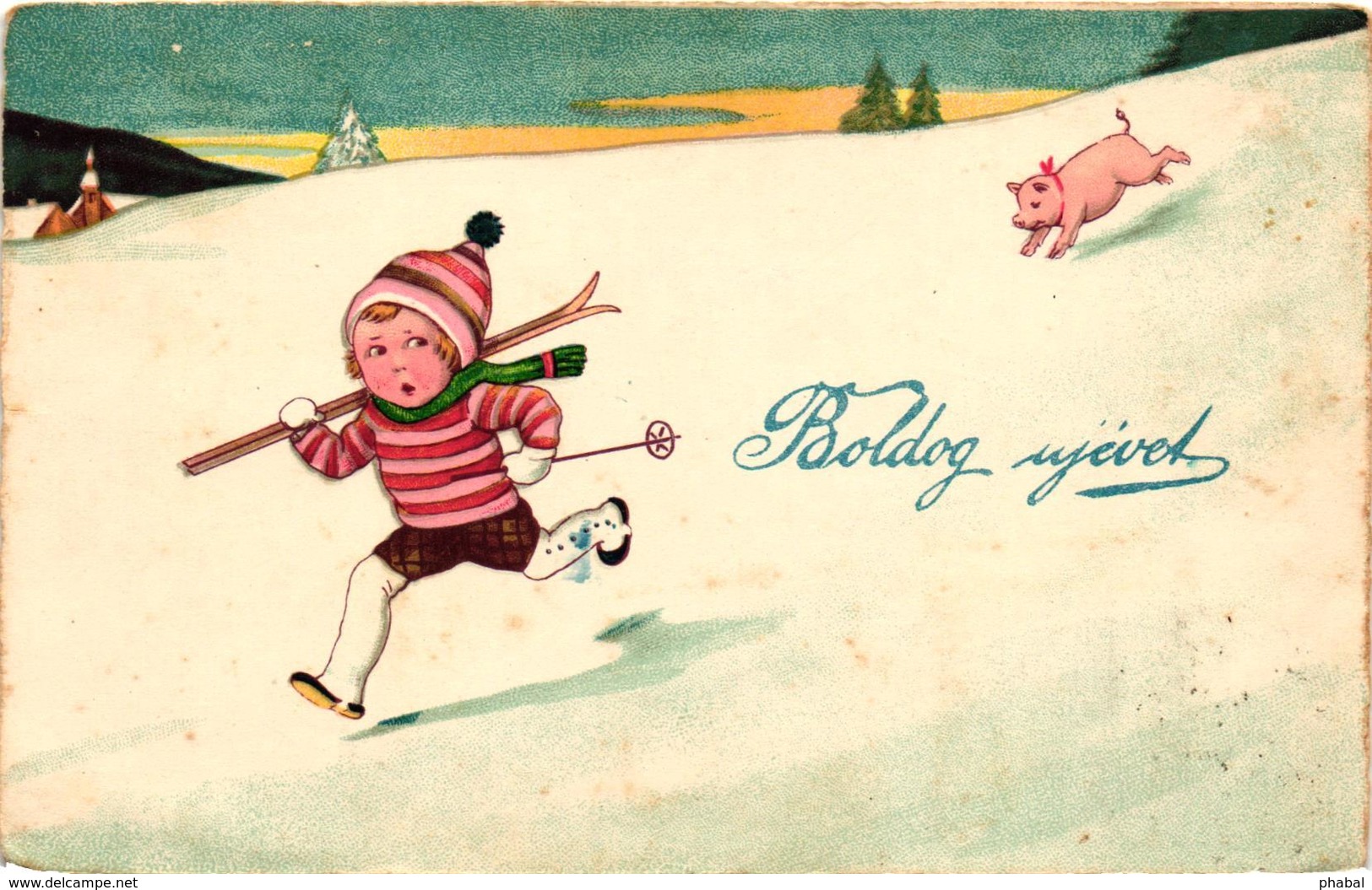 Pigs, Boy Fleeing From A Little Pig, New Year, Funny Old Postcard - Schweine