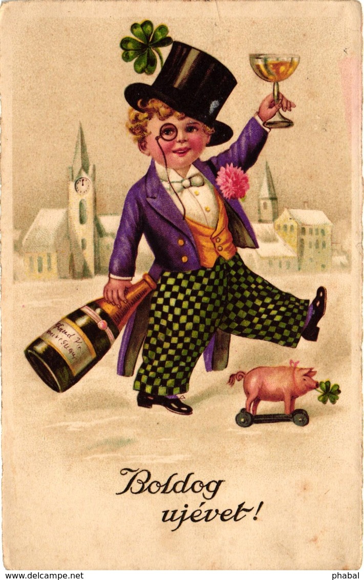 Pigs, Boy Gentleman With A Little Toy Pig And A Champagne, New Year, Old Postcard - Pigs