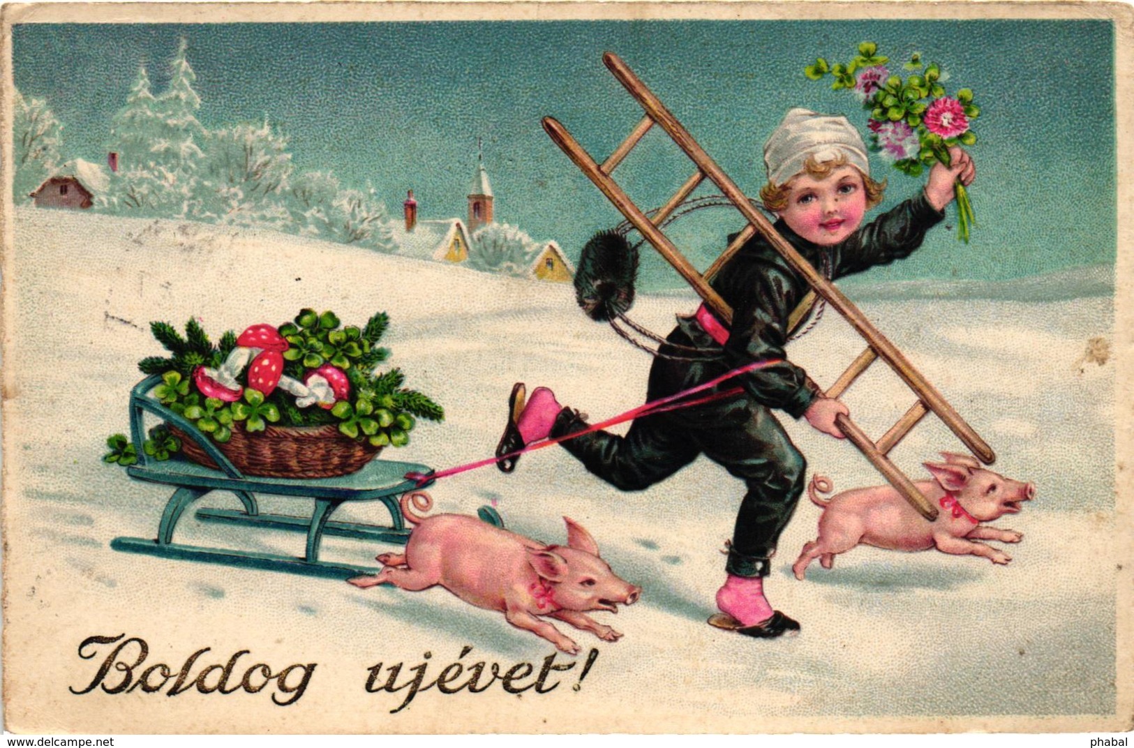 Pigs, Mushroom, Chimney Sweeper With Little Pigs And A Sled, New Year, Old Postcard - Pigs