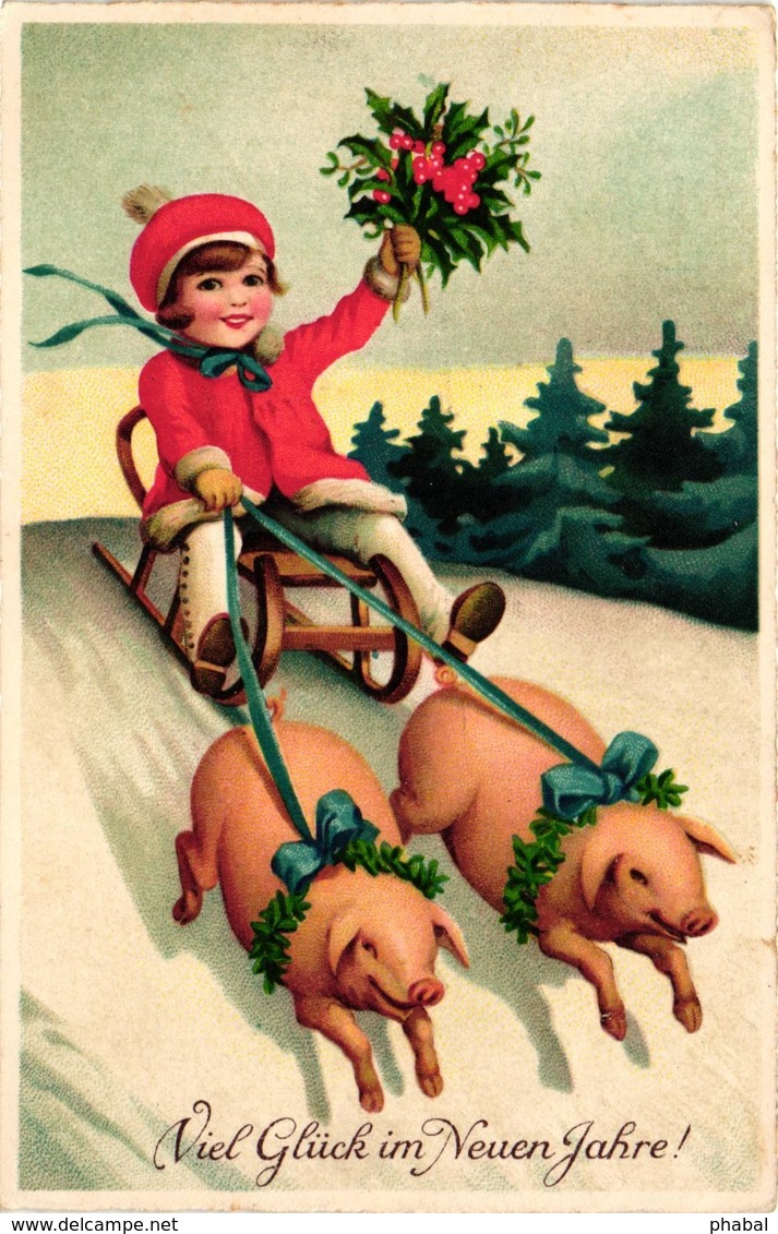 Pigs, Two Little Pigs Pulling A Girl On A Sled, New Year, Old Postcard - Pigs