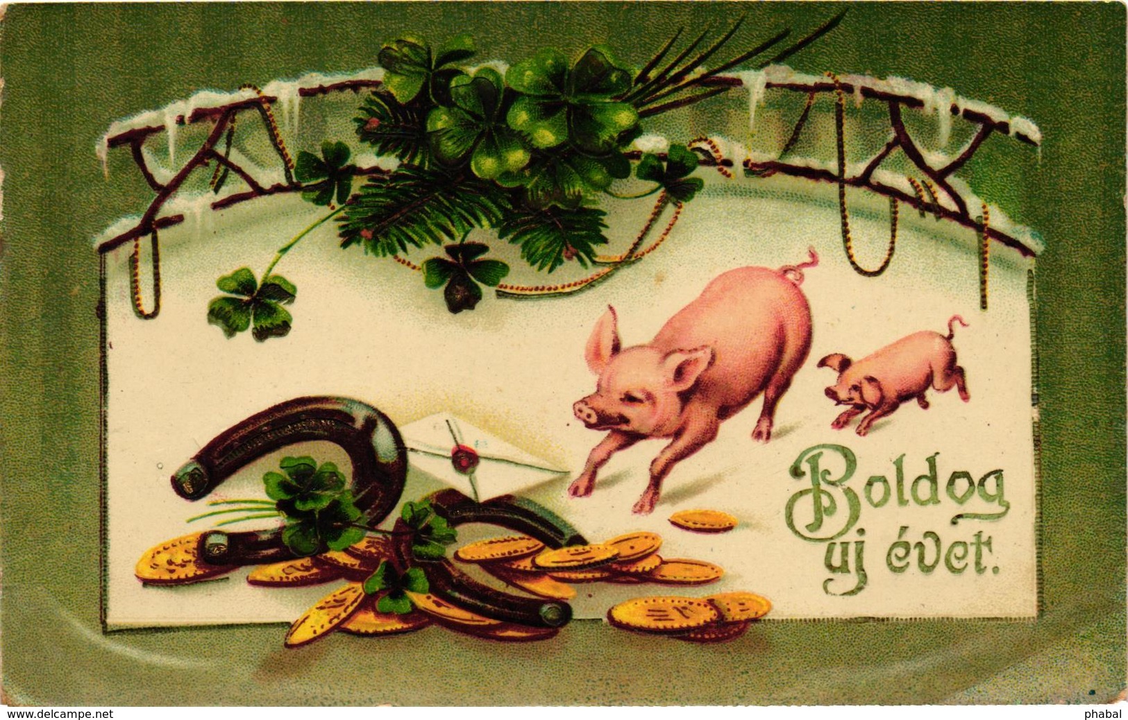 Pigs, Two Little Pigs With Coins, Clovers And Horseshoes, New Year, Old Postcard - Pigs