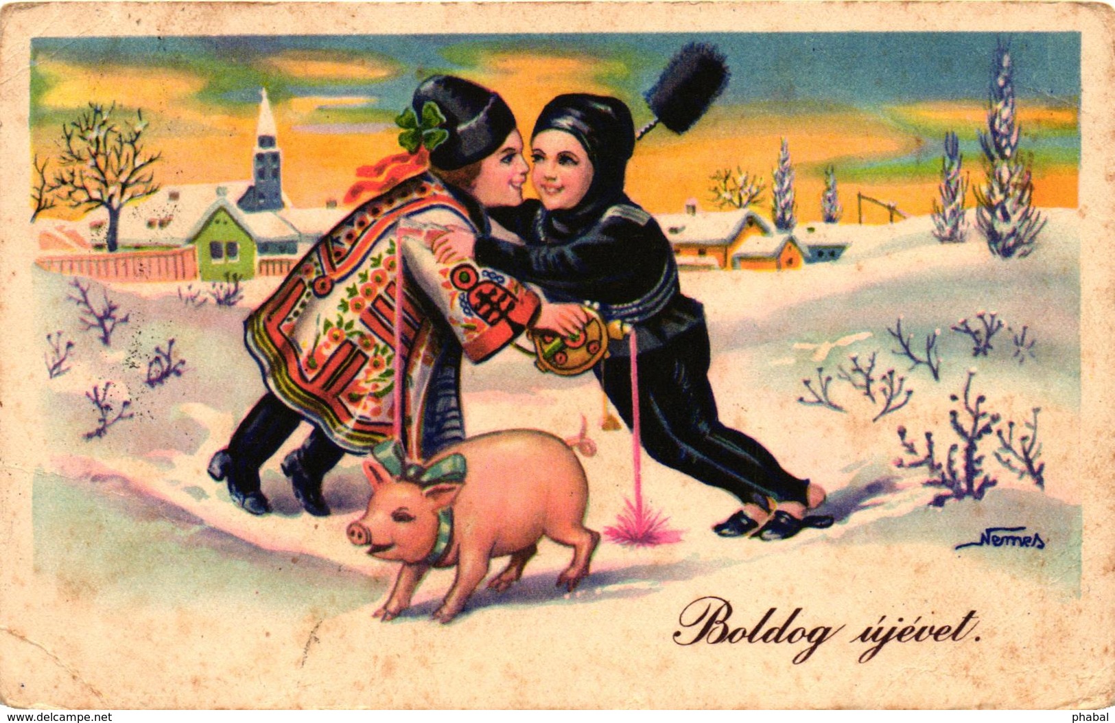 Pigs, Pig With A Drinking Chimney Sweeper And Boy, Signo: Nemes, New Year, Old Postcard - Pigs