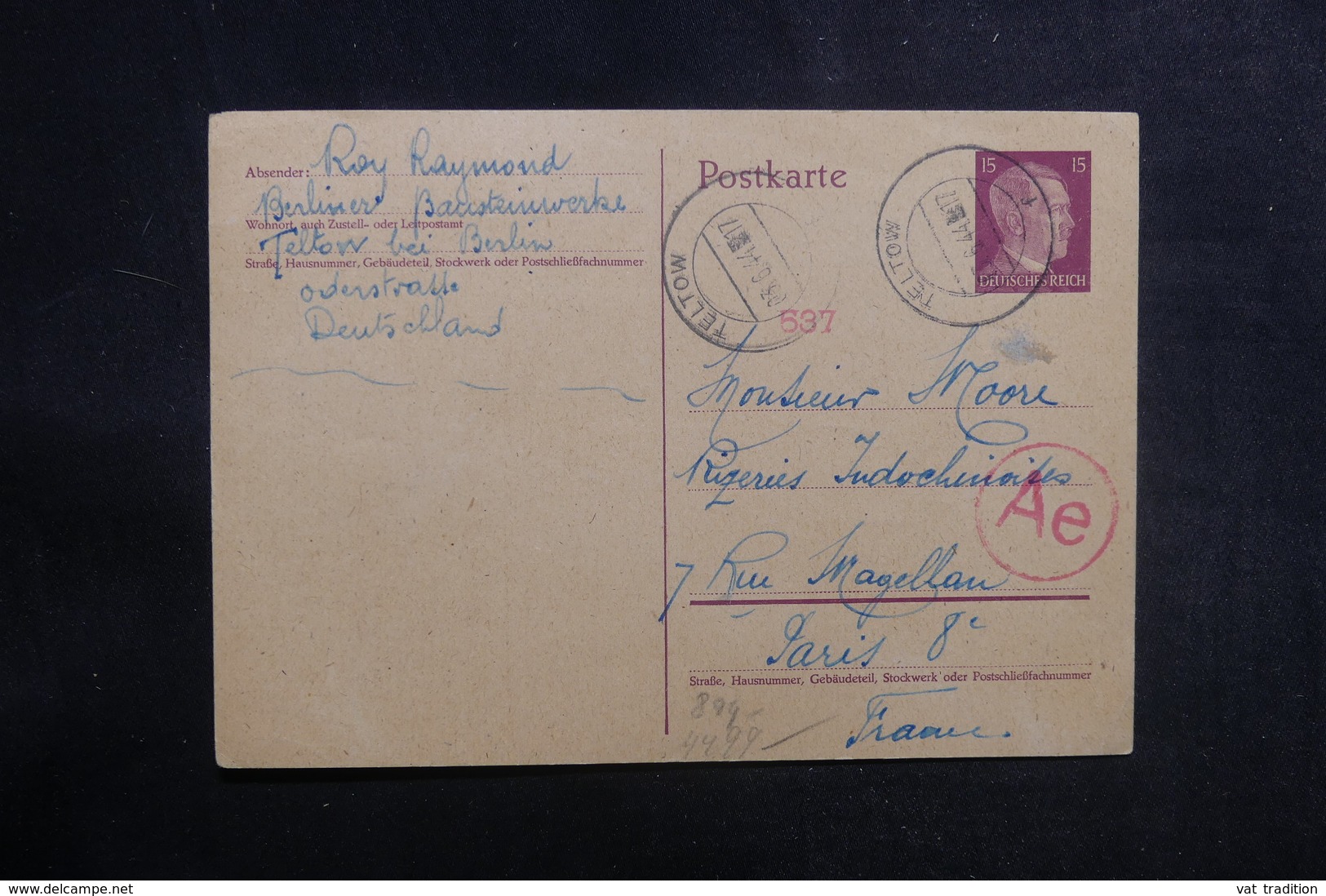 ALLEMAGNE - Entier Postal De Teltow Pour La France En 1944 Avec Contrôle Postal - L 38958 - Lettres & Documents