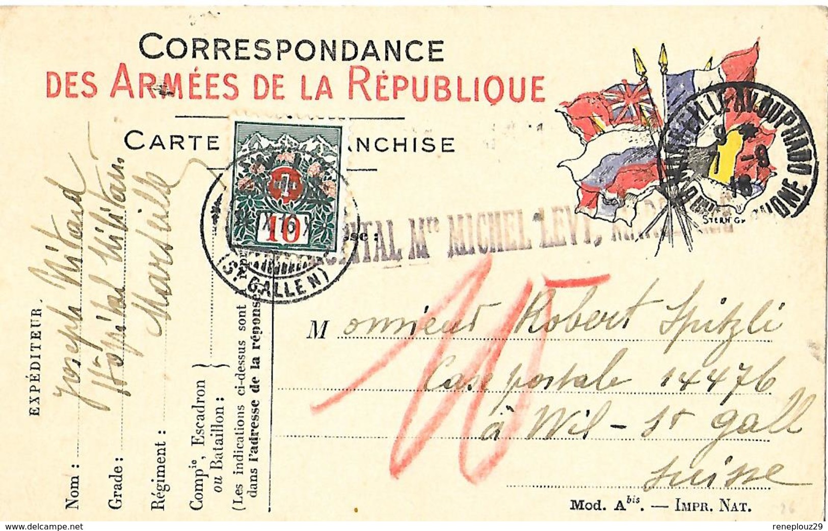 13- Cachet De L'Hôpital Militaire Michel Lévy Marseille Sur CP Militaire Pour La Suisse - 1. Weltkrieg 1914-1918