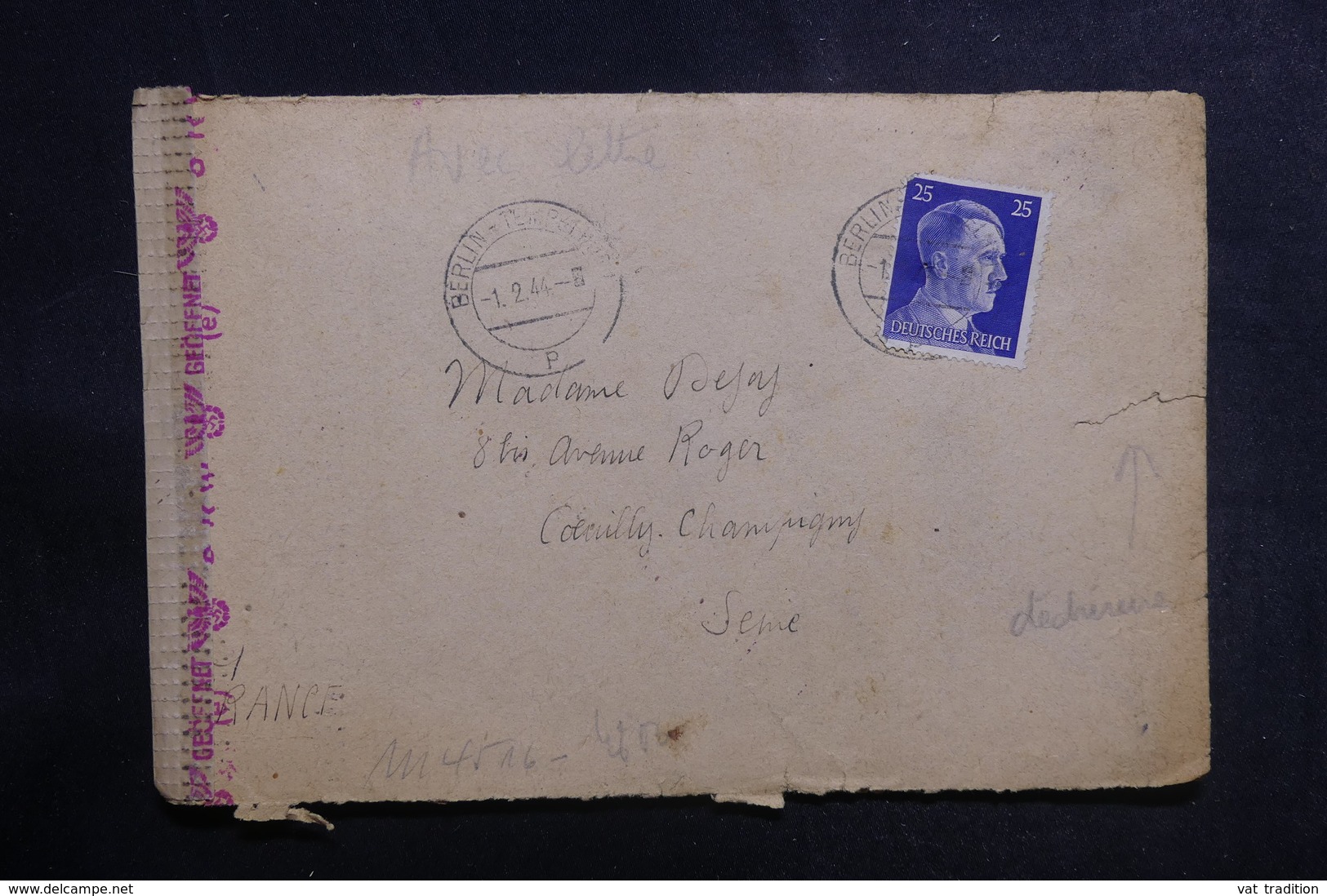 ALLEMAGNE - Enveloppe De Berlin Pour La France En 1944 Avec Contrôle Postal - L 38962 - Lettres & Documents