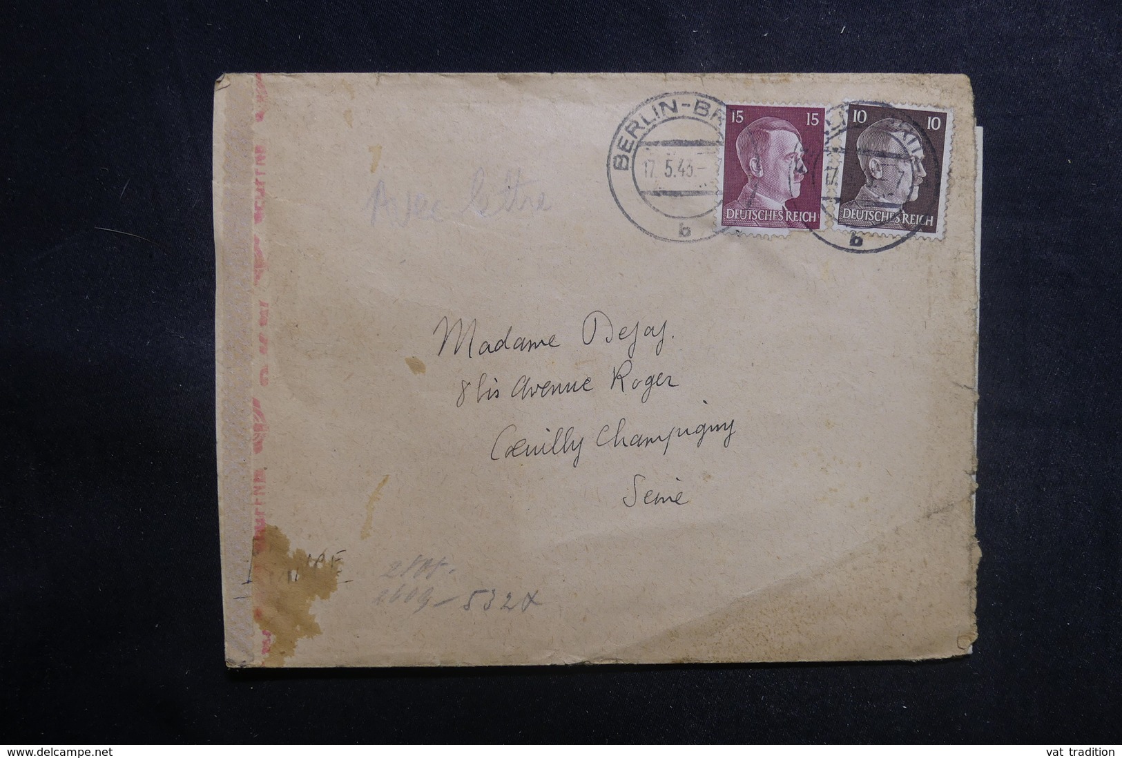 ALLEMAGNE - Enveloppe De Berlin Pour La France En 1943 Avec Contrôle Postal - L 38964 - Lettres & Documents